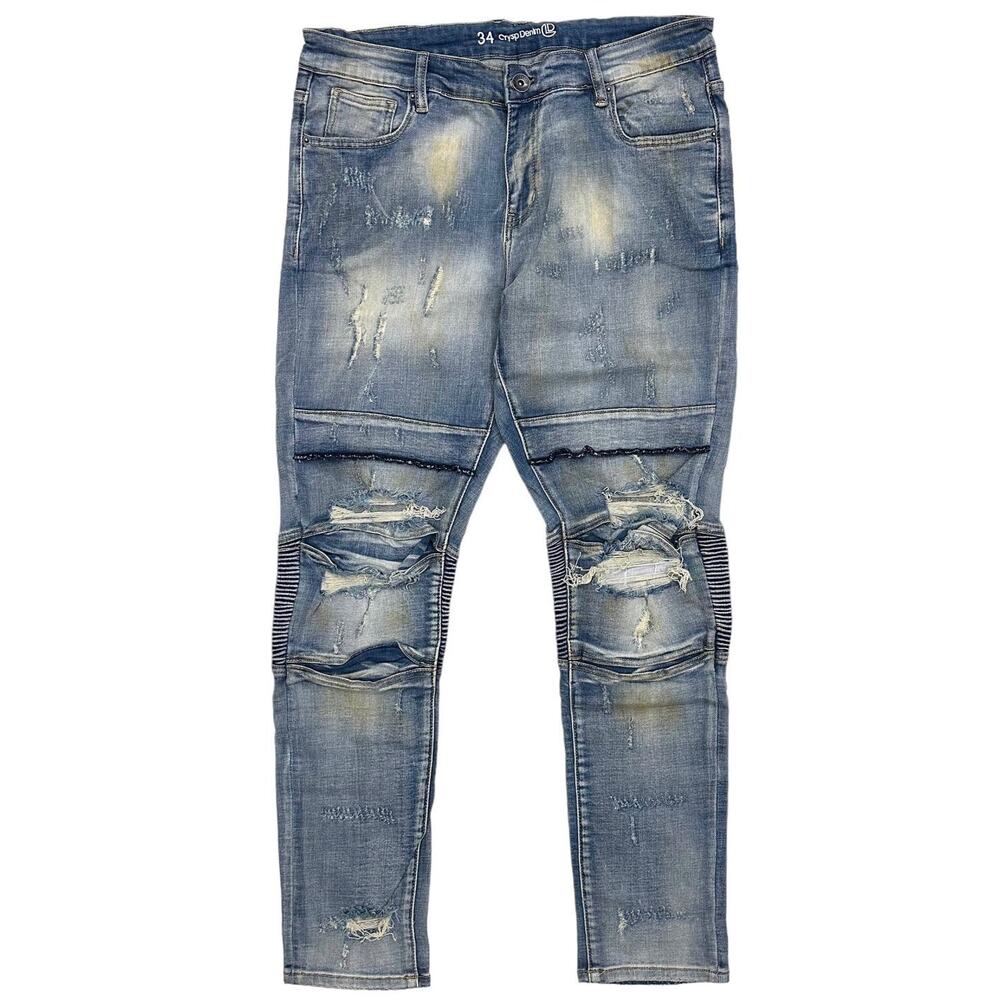 Crysp Denim Men's Biker Moto Distressed Rip & Repair Skinny Fit Stretch Jeans